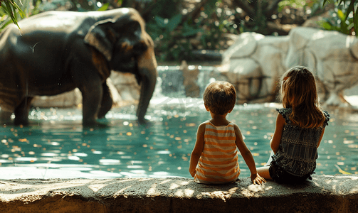 可爱的大象摄影照片_动物园里的孩子们看着大象