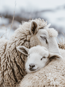冰岛的一只绵羊和它的小牛正在睡觉