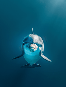 一只孤立的海豚在深蓝色的海底潜水中看着你