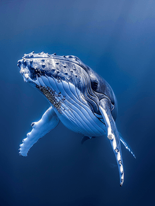 蓝色的鲸鱼摄影照片_座头鲸的头浮出深蓝色的波利尼西亚海