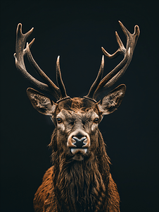鹿茸菌炖肚条摄影照片_满月黑色背景下的雄性红鹿肖像看着你