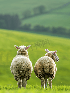 绿草背景中从后背取下的两只长毛羊
