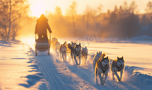 一起看看表情包摄影照片_冬季在拉普兰和雪橇犬一起滑雪橇