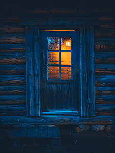 夜晚木屋窗户里的蓝光