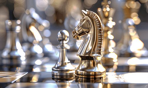 象棋游戏摄影照片_金骑士成为国际象棋棋盘上银棋的最后赢家