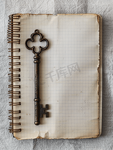 笔记本复古钥匙和白纸