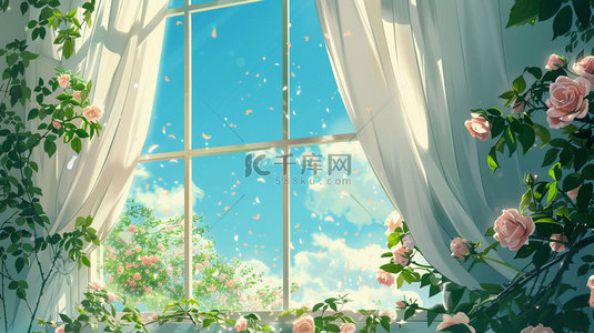 窗户窗帘鲜花合成创意素材背景
