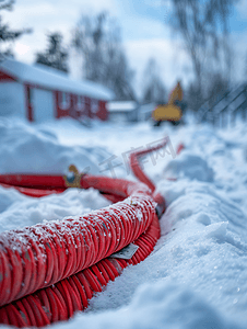 施工现场室外雪地中的红色柔性出口软管