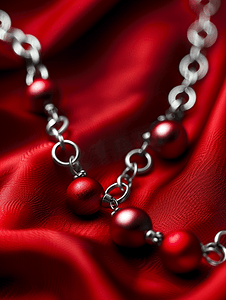 珠宝时尚背景摄影照片_红色丝球和银戒指制成的项链