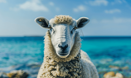 蓝色喇叭背景摄影照片_一只黑白相间的羊看着你在蓝色的大海背景中特写肖像