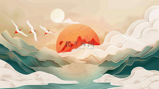 创意弹性球白色背景图片_国风山水红日合成创意素材背景