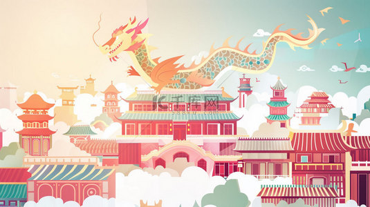 卡通中国龙塔楼合成创意素材背景