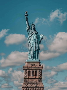 纽约自由女神像摄影照片_自由女神像特写垂直孤立在蓝色云层背景中