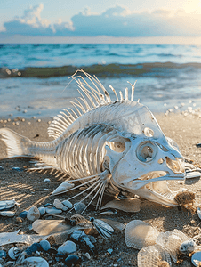 海滩上的死鱼尸体骨架上满是苍蝇