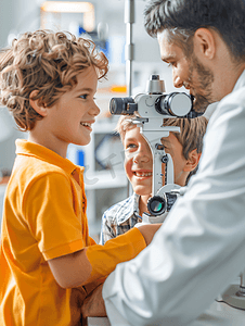 成人视力摄影照片_验光师检查孩子的视力