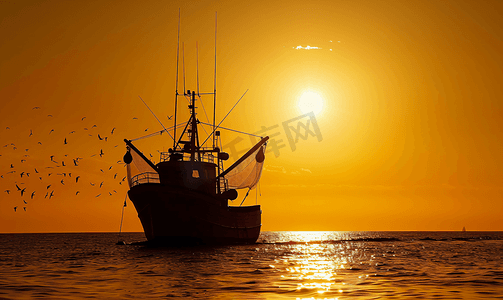 日落时分的渔船轮廓