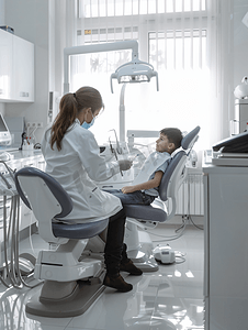 女牙医在科诊所与小男孩一起工作