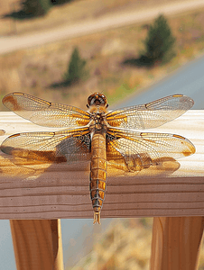 瑞典露台木栏杆上展翅的蜻蜓特写