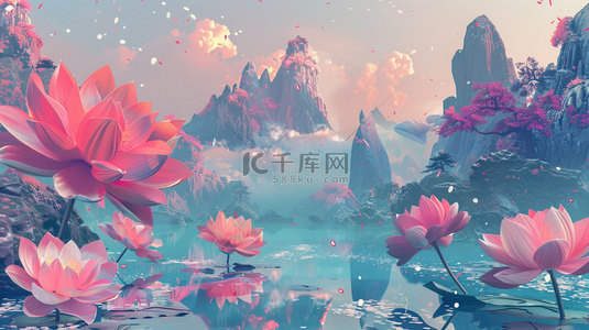 桃花高山流水合成创意素材背景