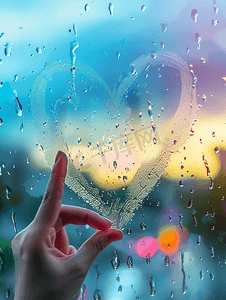 科技感心形摄影照片_雨天用手指在雾蒙蒙的玻璃上画的心形图