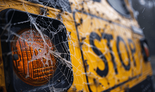 有用蜘蛛网装饰的停车标志的校车