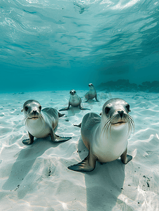摄影师摄影照片_摄影师潜水员在水下接近海狮家族