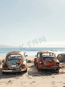 海边沙滩上被遗弃的汽车