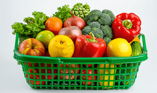 绿色购物篮中的新鲜水果和蔬菜