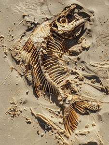 海滩上的死鱼尸体骨架上满是苍蝇
