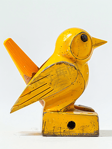 黄色背景卡通摄影照片_独特的二手黄色铅笔刀形状像一只鸟与白色隔离