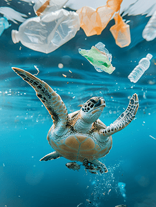 塑料纸肌理摄影照片_微塑料海里的海龟