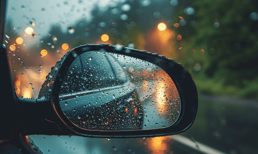 湿玻璃后汽车后视镜雨中道路景观行程详情