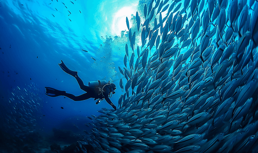 咸摄影照片_潜水员在水下鱼群中潜水时的肖像