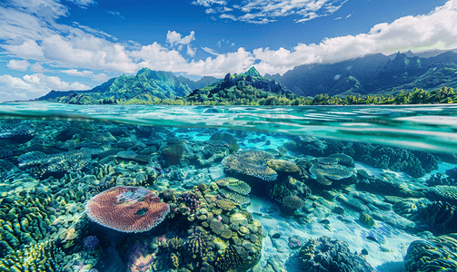 蓝色炫酷舞台摄影照片_法属波利尼西亚碧绿的海水泻湖珊瑚花园浮潜