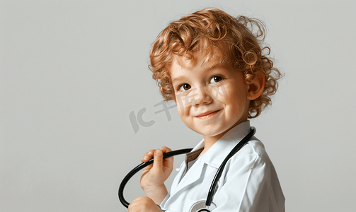 带眼镜摄影照片_带听诊器的小男孩和医生
