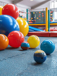 体操器材和彩色塑料球室内健身房内装有运动设备