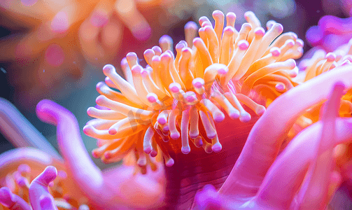 花的海洋摄影照片_粉色和橙色的海葵触手细节