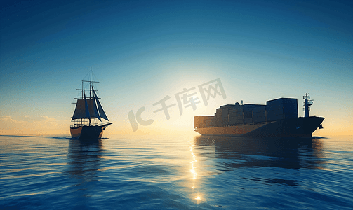 帆船和大型集装箱船剪影