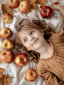 小女孩躺在地板上吃苹果