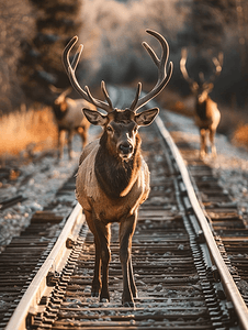 火车剪影摄影照片_火车轨道上的麋鹿