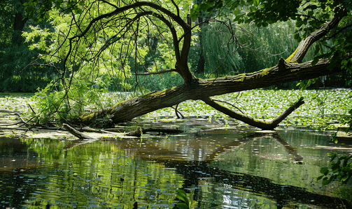 强风吹倒池塘里的树
