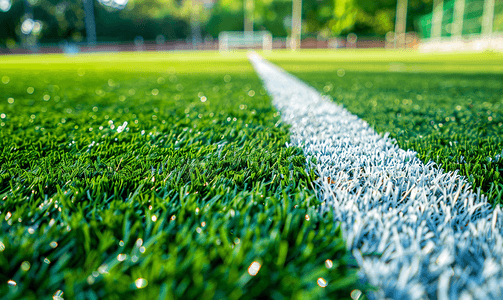 纹理足球摄影照片_鲜绿色的人造草坪足球场上的白色条纹