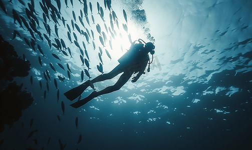 潜水员在水下鱼群中潜水时的肖像