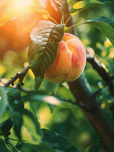 温柔学长摄影照片_树枝上一颗成熟桃子的图像