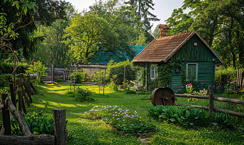 后院草坪摄影照片_村庄后院的简易小屋和水井