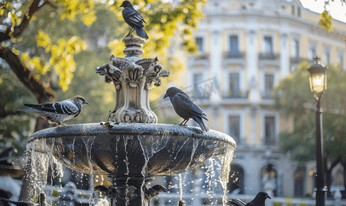 动物雕塑摄影照片_鸟儿栖息在海王星雕像喷泉上背景是历史建筑