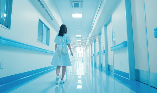 护士女孩病人医院走廊里散步