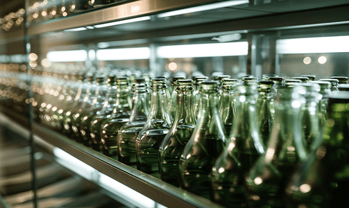 酒厂储存容器内密封玻璃瓶的特写