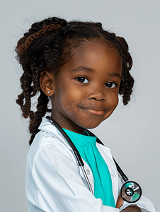 美国国旗元素摄影照片_可爱的非裔美国儿童自以为是医生