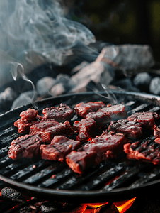 火焰卡路里摄影照片_在热炭炉上的金属烤盘上烤生牛肉